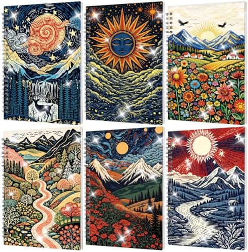 Fullhawl 6 Pack 5D DIY Diamond Art Crafts Kit for Adults Office Supplies Beginner A5 Leather Diamond Painting Gift for Women Art Cover Craft Accessories with Tool (Distant Mount Painting)