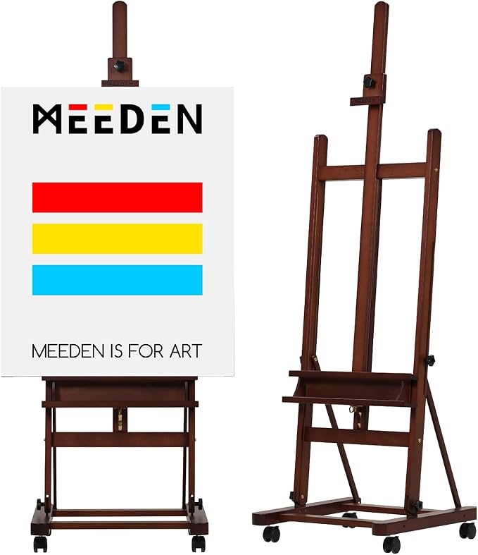 MEEDEN Studio Wood H-Frame Easel: Art Easel on Wheels for Artist | Wooden Artist Painting Easel on Wheel - Floor Easel with Movable Tilting for Adults Artist Art Students Beginners Walnut