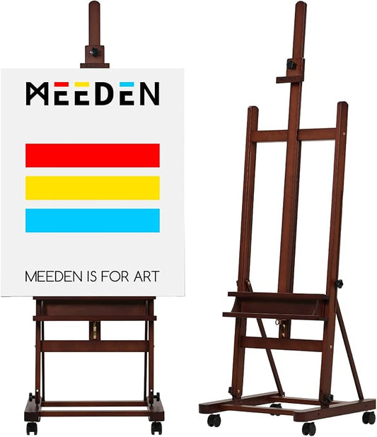 MEEDEN Studio Wood H-Frame Easel: Art Easel on Wheels for Artist | Wooden Artist Painting Easel on Wheel - Floor Easel with Movable Tilting for Adults Artist Art Students Beginners Walnut