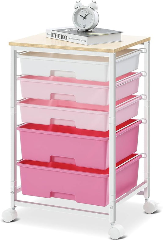 SYKIARIOL Utility Cart with Drawers,5 Drawers Storage Cart,Rose Pink | 5-Tiers Drawer Cart with Wooden Top with Lockable Wheels for Craft Organizers and Storage,Home Office,Classroom,Dorm,Playroom