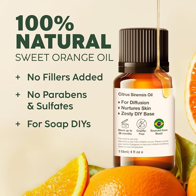 Kukka 100% Pure Orange Essential Oil for Skin, Diffuser, 1.02 Fl Oz | Undiluted Sweet Orange Oil for Uplifting Diffuser Blends, Natural Cleaning Spray, Hair & Skin Care & DIY Soap Making