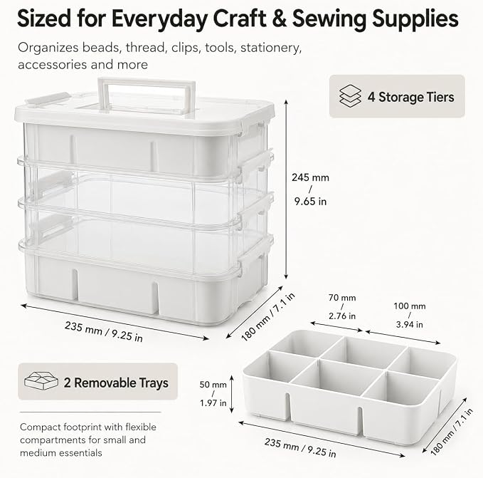 CraftGenes Craft Organizer, 4 Tier Storage Box with Removable Trays, White | 4 Storage Tiers; 2 Removable Trays; Side Latches; Stackable Design; For Beads, Thread, Tools, Crafts and Accessories