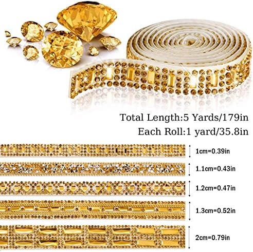 Xinnun 5 Rolls Rhinestone Ribbon,Tawny,0.39-0.79 Inch,Mixed Style
