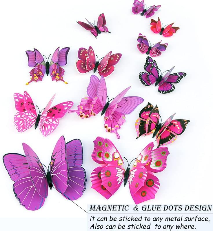 OPSEAM 3D Butterfly Wall Decor Butterfly Decorations Stickers with Magnets | 24 PCS Purple,12 Styles Double Layer Butterfly for Classroom Decoration,Locker Refrigerator, Reusable,Waterproof