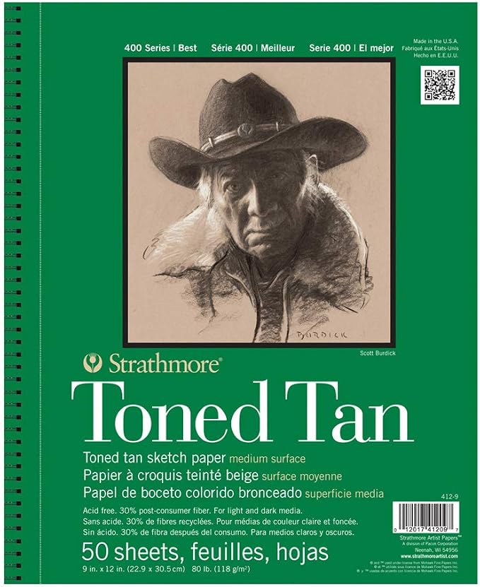 Strathmore 400 Series Wire Bound Toned Sketch Pad, 80 lb. Paper, 9 X 12 inches, Tan, 50 Sheets (412-9)