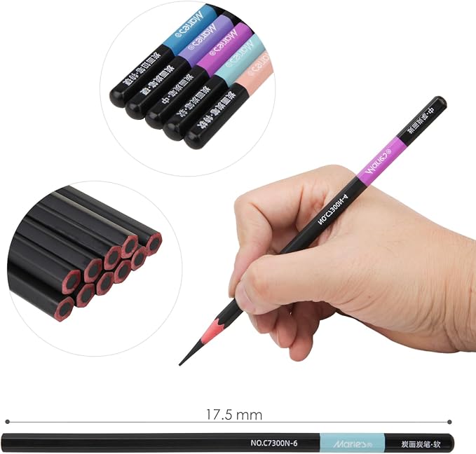Marie's Charcoal Pencils for Drawing, 10 Pieces, Extra Hard Hard Medium Soft Extra Soft, Sketching Pencils for Artists, Smooth Charcoal Core for Layering, Blending and Detailed Artwork(Medium)