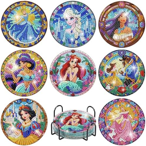 8 Pcs Cartoon Diamond Art Coasters Kits with Holder, Cute Cartoon Diamond Painting Coasters Kits for Adults, Full Drill Gem Art Coaster Crafts Kit for Adults Beginners Home Table Decor Holiday Gifts