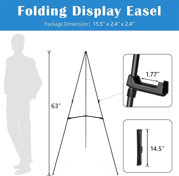 Falling in Art 3 Pack 63" Display Easel Stand, Holds 5 lbs | Instant Adjustable Poster Easel, Easy Folding Portable Tripod Stand for Signs, Posters, Wedding