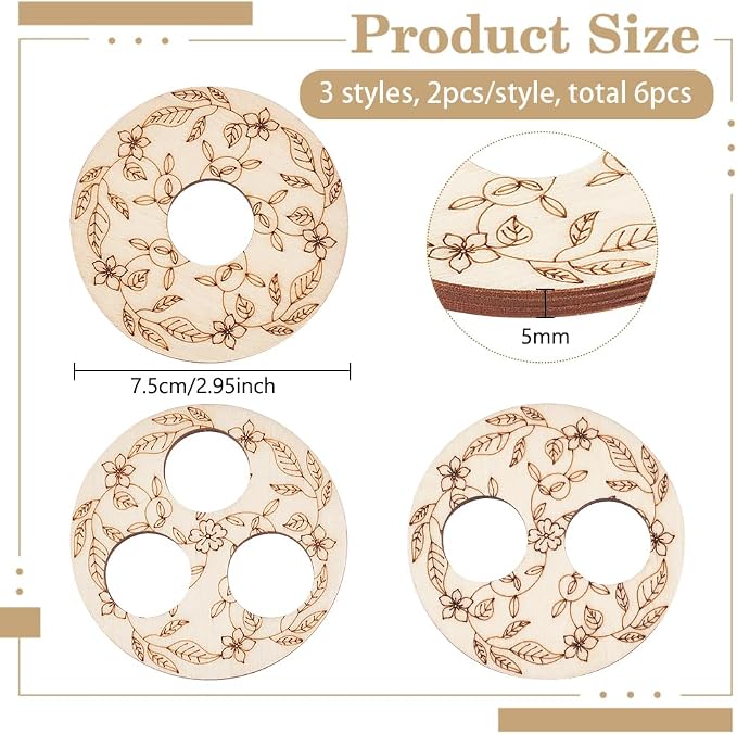 BENECREAT 6 Pcs 3 Styles Wooden Wick Centering Tool, 2.95 Inch Engraved Patterned Wick Holder, 1-Hole 2-Hole 3-Hole Candle Wick Stabilizer for Candle Making DIY