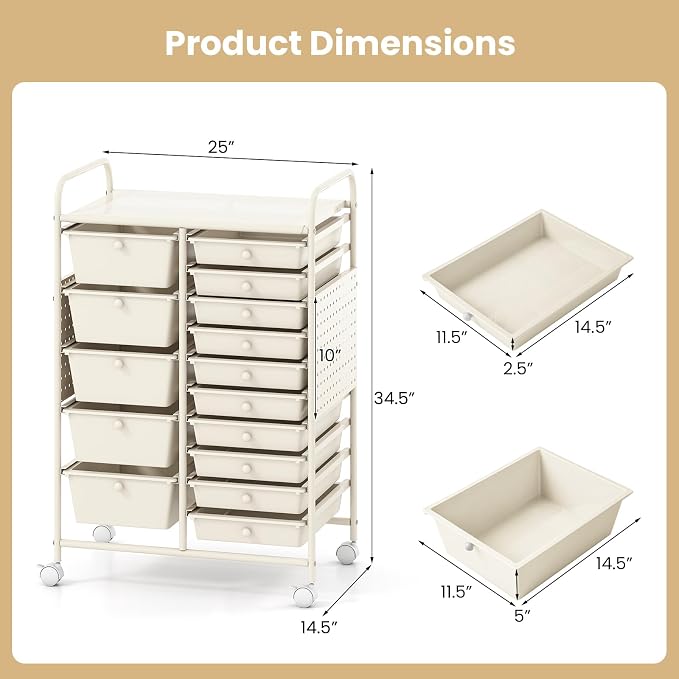 Giantex 15 Drawer Storage Cart, Rolling Craft Cart with Metal Tabletop & Pegboard, Mobile Utility Organizer Trolley with Locking Wheels, Home Office, Classroom, Teacher Supplies, Ivory