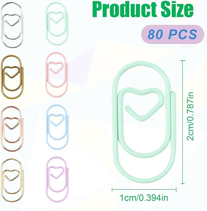 80 Pcs Heart Paper Clips - Love Heart-Shaped Small Clip Metal Journaling Clamps, Colorful Decorative Cute Paper Clips for Women, Document Note Sorting & Organizing