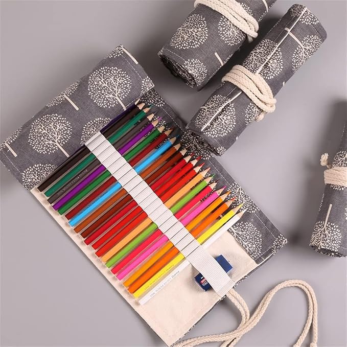DIYOMR 12/24/36/72 Slots Pencil Wrap Roll, Artist Colored Roll Up Bag, Short Brushes Pouch Case Organizer for Drawing Coloring and Sketching, No Pencils (Trees, 12slots)