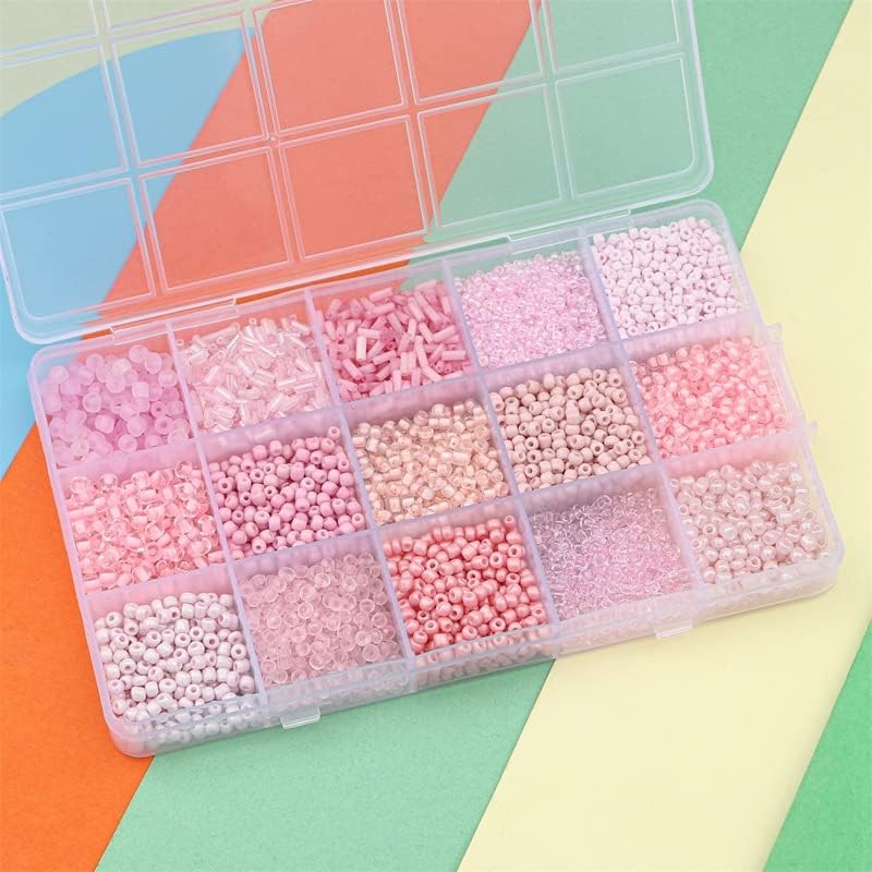 15 Grid Pink Glass Seed Bugle Tube Beads Kit for Jewelry Making DIY Craft