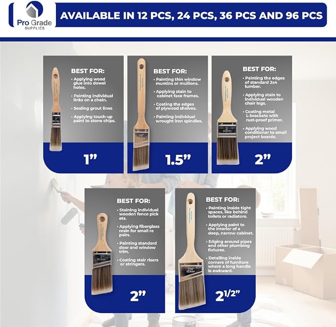 Pro Grade Paint Brushes, Paint Brush Set for Walls, Trim & Stain, 5-Piece | Interior & exterior | Cabinets, doors, furniture, decks | For latex & oil-based | Synthetic bristles, Softwood handles
