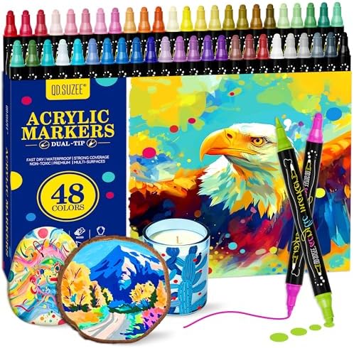 48 Colors Dual Tip Acrylic Paint Markers Pens - Dot markers and Fine Tip