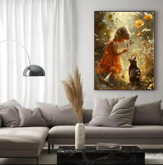 YUXUANKANG Diamond Painting Kit, Girl with Butterfly and Cat in Flower Garden, Fantasy Nature Scene 12X16inch