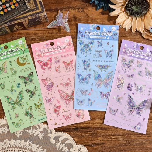 4 Sets 200 Pcs Stickers for Scrapbooking,3D Butterfly Self-Adhesive Scrapbook Stickers Supplies Journal,Vintage Aesthetic Sticker Art Diary Card Craft Gifts Planner Notebook