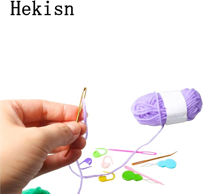 Hekisn 45Pcs Large Eye Blunt Yarn Needles Kit, Assorted Sizes Bent Tapestry Darning Needle, Sewing With Threaders & Stitch Markers for Knitting Crochet (Purple&Black)