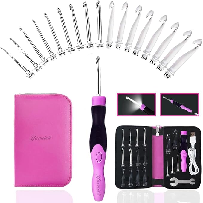 Yarniss 17 Size Lighted Crochet Hooks Set with USB Recharger 2.5~14.0 mm