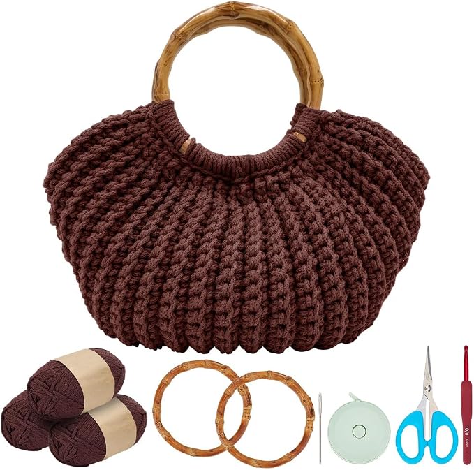 ACRNIGHEET Crochet Bag Kit for Adults Coffee Colored Handbag Crochet Kit for Beginners Knitting Purse Starters Set DIY Craft Making Kit with Step-by-Step Instructions and Video Guidance