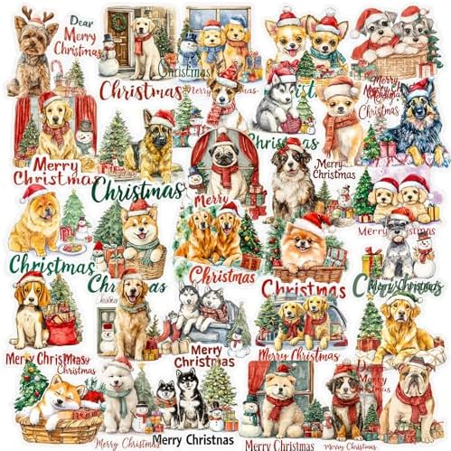 56 Pcs Cute Christmas Dog Stickers, Clear Waterproof Scrapbook Stickers with Santa Hat & Gifts, Adorable Puppy Holiday Decorative Decals for Journals, Crafts Cards Making