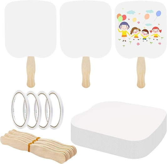 94 Pcs Church Fans Handheld Set, 60 Cardstock Paper Fans with 30 Wavy Wooden Sticks and 4 Rolls of Double-Sided Tape, Handheld Blank White Cardstock for DIY Crafting Painting Custom Fans