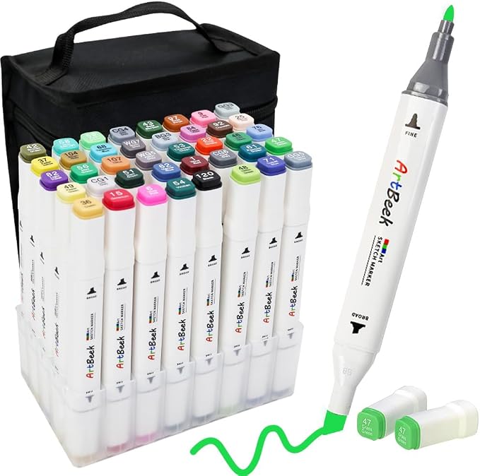 ArtBeek 40 Color Alcohol Markers Set, Coloring Markers for Adult Coloring Books No Bleeding, Dual Tip (Chisel & Fine Tip)