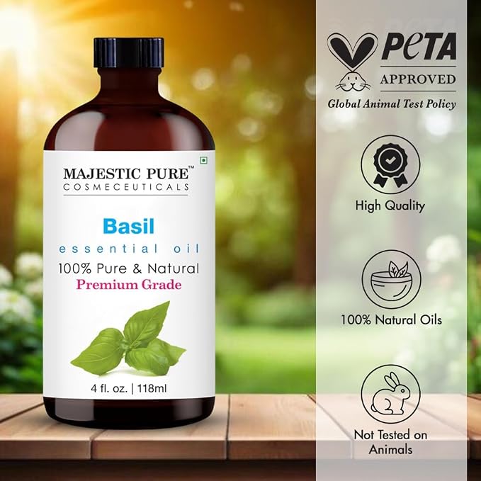 Majestic Pure Basil Essential Oil for Diffuser - 4 Fl Oz | 100% Natural Essentials Oils for home fragrance, diffuser use, massage, DIY candles, DIY soaps, Aromatherapy