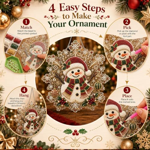 LJSCQF Christmas Pearl Diamond Painting Suncatcher Kit, DIY Craft | Pre-Assembled Metal Chain, Acrylic Snowflake Shape Board with Lace Edge, 3D Mixed-Sized Pearl Beads Craft (Style F, 12IN)