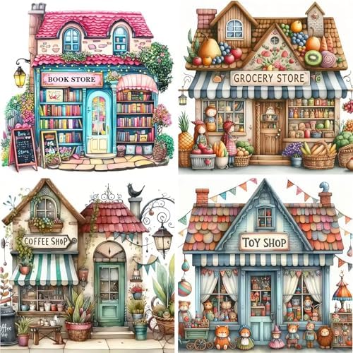 4 Packs Store Diamond Painting Kits for Adults, 5D Diamond Art Painting by Numbers Kits, DIY Shop Diamond Dots Art Kits, Full Round Drill Diamond Art Kits for Adults for Home Wall Decor, 13.8x13.8in