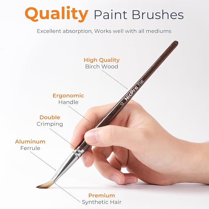 Nicpro 12PCS Artist Paint Brush Set, Paint Brushes for Acrylic Painting | Craft Paintbrushes for Oil Watercolor Gouache, Tempera, Face Body, Fabric, Model, Art Supplies for Artists Beginners (Wood)