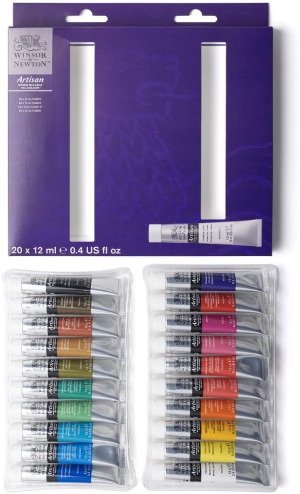 Winsor & Newton Artisan Water Mixable Oil Paint Set, 20 x 10ml Tubes | Clean with water; no solvents needed. Color depth, lightfastness, opacity/transparency are the same as traditional oils.