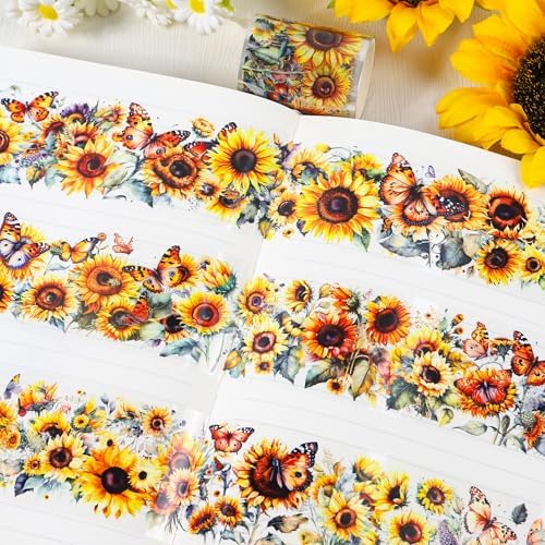 Sitsink Sunflower PET Tape for Journaling - Flower Butterfly Junk Journal Scrapbooking Supplies, Floral PET Tape for Journal Book Crafts Bottle Décor