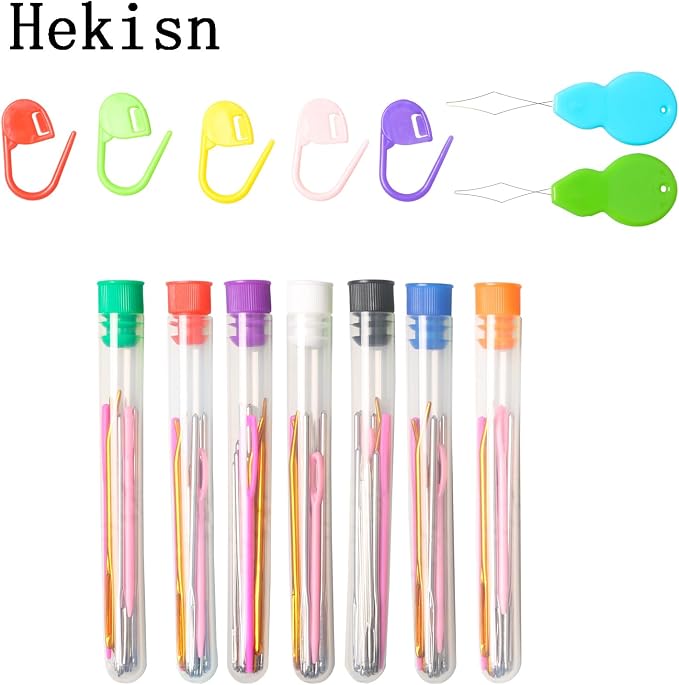 Hekisn 45Pcs Large Eye Blunt Yarn Needles kit, Assorted Sizes Bent Tapestry Darning Needle, Sewing Needles with Needle Threaders & Stitch Markers for Knitting Crochet (Green&Blue)