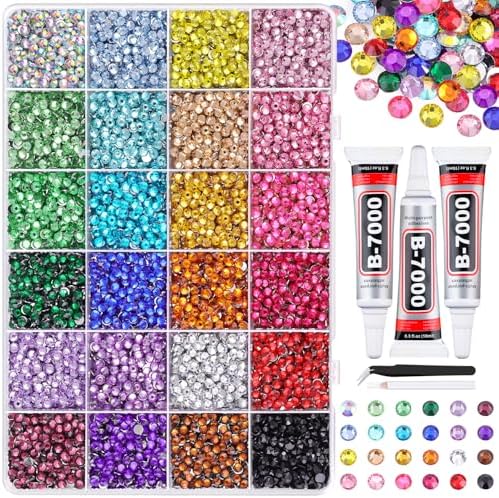 12600Pcs Resin Rhinestones for Bedazzling with Tweezers, Multicolor 4mm Rhinestones for Crafting with 3Pcs 10ml B7000 Jewelry Glue for DIY Crafts Clothing Tumblers Shoes Fabric Nail Art
