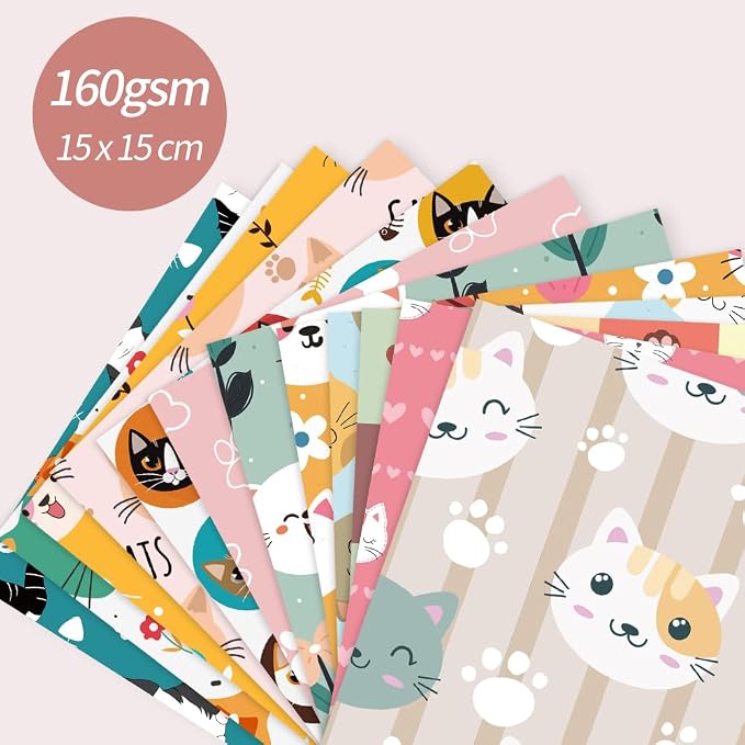 6x6" Cardstock Single Sided Scrapbooking,Craft Decorative Scrap Book Paper | 160gsm,24-Sheet 12Patterns Colored Paper,Junk Journal Supplies,Vivid Origami Papers DIY Craft Gift Wrapping Album. Cat