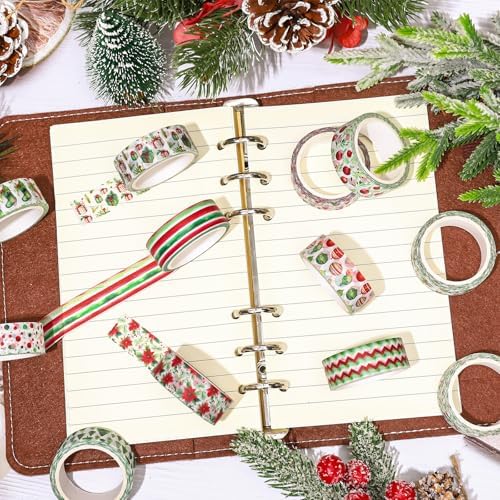Whaline 12 Rolls Christmas Washi Tape Watercolor Xmas Tree Poinsettia Flower Holly Berry Decorative Masking Tape for Scrapbook Journal DIY Art Craft Gift Wrapping