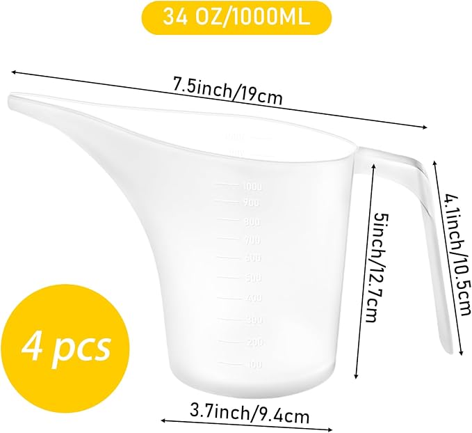 4 Pack Measuring Funnel Pitcher,PlasticMeasuring Cup with Long Spout,Large for Bakeware,Pancake,Batter,Muffin,Cakes,Soap Making,Watering Plants(1000Ml)