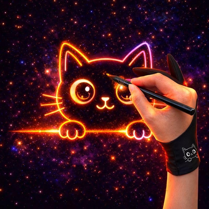 Cute Kitty Drawing Glove: 3-Layer Palm Rejection for iPad & Drawing Tablet | Smooth-Glide & Breathable Artist Glove for Digital Art, Two-Finger Design, Fits Left & Right Hand, 2-Pack + Cleaning Cloth