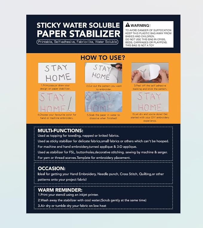 FURWEY Wash Away Embroidery Stabilizer,8PCS 8.5x11,Self Adhesive,Printable | Water Soluble Embroidery Paper, Self Adhesive & Printable, for Hand & Machine Use, 8.5 x 11 Inches, 8 Sheets
