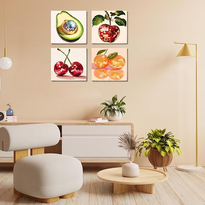 Canrichshop 4 Pack Disco Ball DIY Paint by Number Beginners,Fruit Oil Painting Adults' Paint-by-Number Kits,Acrylic Paint Kit with Frame for All Ages,Easy Paint by Numbers Kids on Canvas 8x8inch