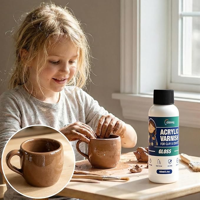 OSBANG 100ML Air Dry Clay Glaze, High Gloss Air Dry Clay Varnish, Protects Clay from Cracking, Scratches and Wear, Clear Sealant for Ceramics, Paintings, Wood and DIY Projects