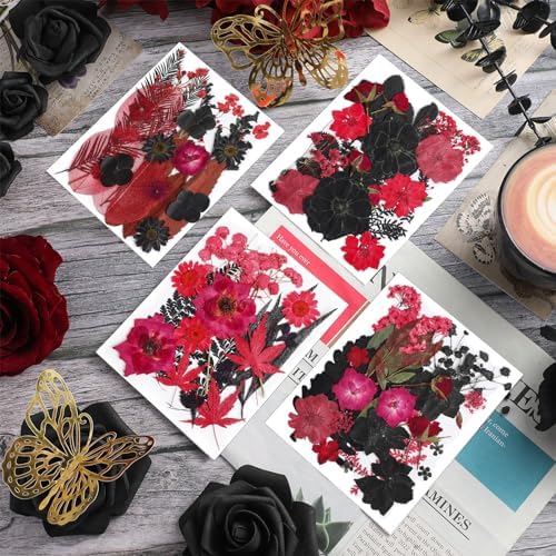 Nuanchu Black Red Dried Pressed Flowers for Craft Resin, Gothic Halloween