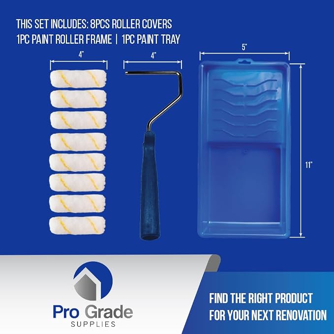 Pro Grade Mini Paint Roller Kit, 4" 1/2" Nap Roller Covers, Trim, 10 Piece