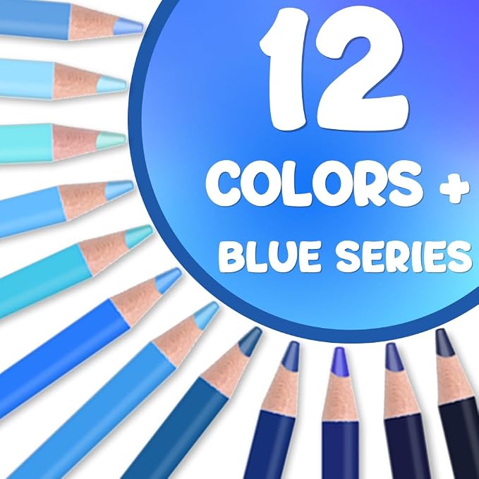 12Pcs Blue Colored Pencils Set,Professional Drawing Pencils for Adults | Oil Soluble,No Duplicates,Pre-sharpened Wooden Sketch Pencil Art Supplies for Coloring Books