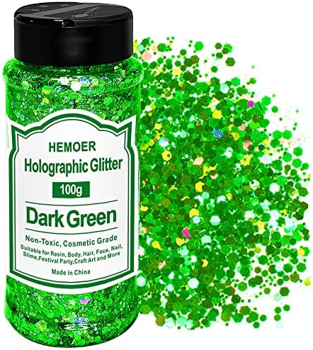 HEMOER Dark Green Glitter, 100g/3.5oz Holographic Chunky Glitter Mixed Hexagon Chunky & Fine Flakes Iridescent Sequins for Epoxy Crafts, Resin, Nail Body, Tumblers, Festival Party