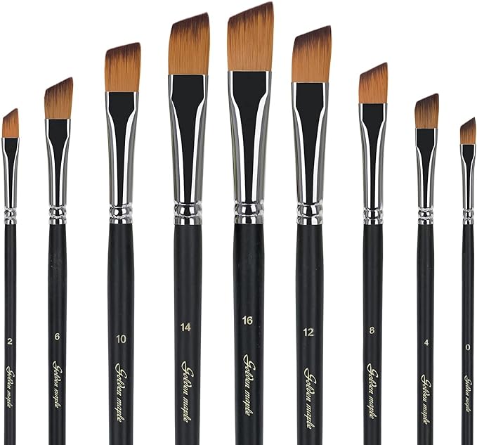 Golden Maple Angular Paint Brush, 9PC Oblique Tip Nylon Hair Long Handle Angled Paint Brushes Set Art Artist Professional Painting Supplies for Acrylic, Watercolor, Gouache and Oil Painting