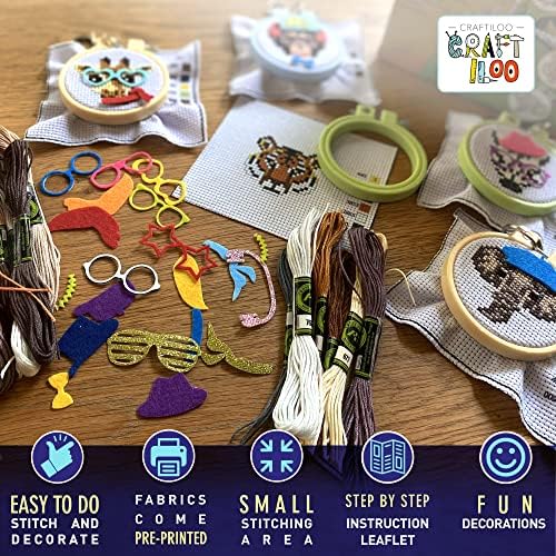Safari Cross Stitch Kits for Kids - 5 Stamped Beginner Needlepoint Sets