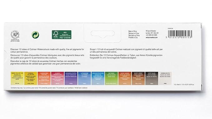 Winsor & Newton Cotman Watercolor Paint Set, 12 Colors, 8ml (0.27-oz) Tubes | Introductory Watercolor made with Fine Art Pigments, Perfect for Beginners, Lightfast & Permanent, Good Tinting Strength