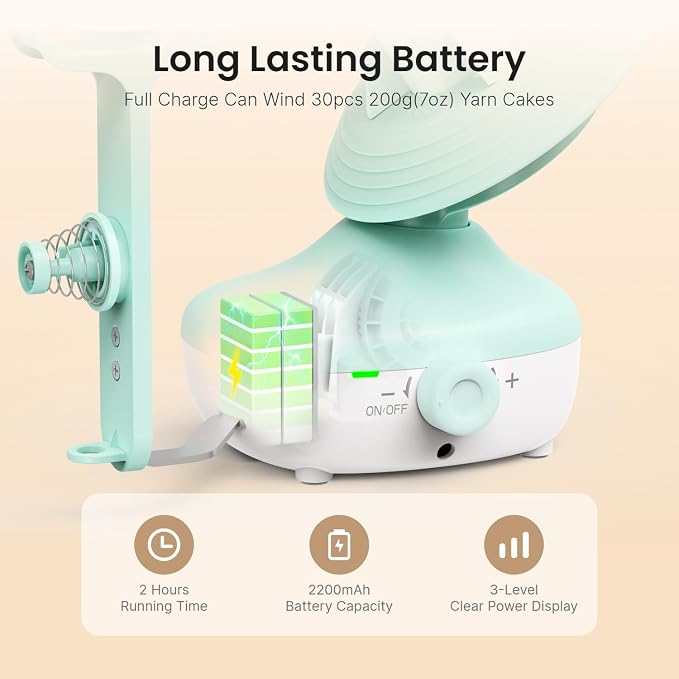 Cordless Yarn Winder, 2H Running Time Rechargeable for Craft Lovers | Electric Yarn Cake Winding with 2200mAh Battery, Compact Portable Auto Spinner, Ideal Helper for Knitters & Crocheter Lovers